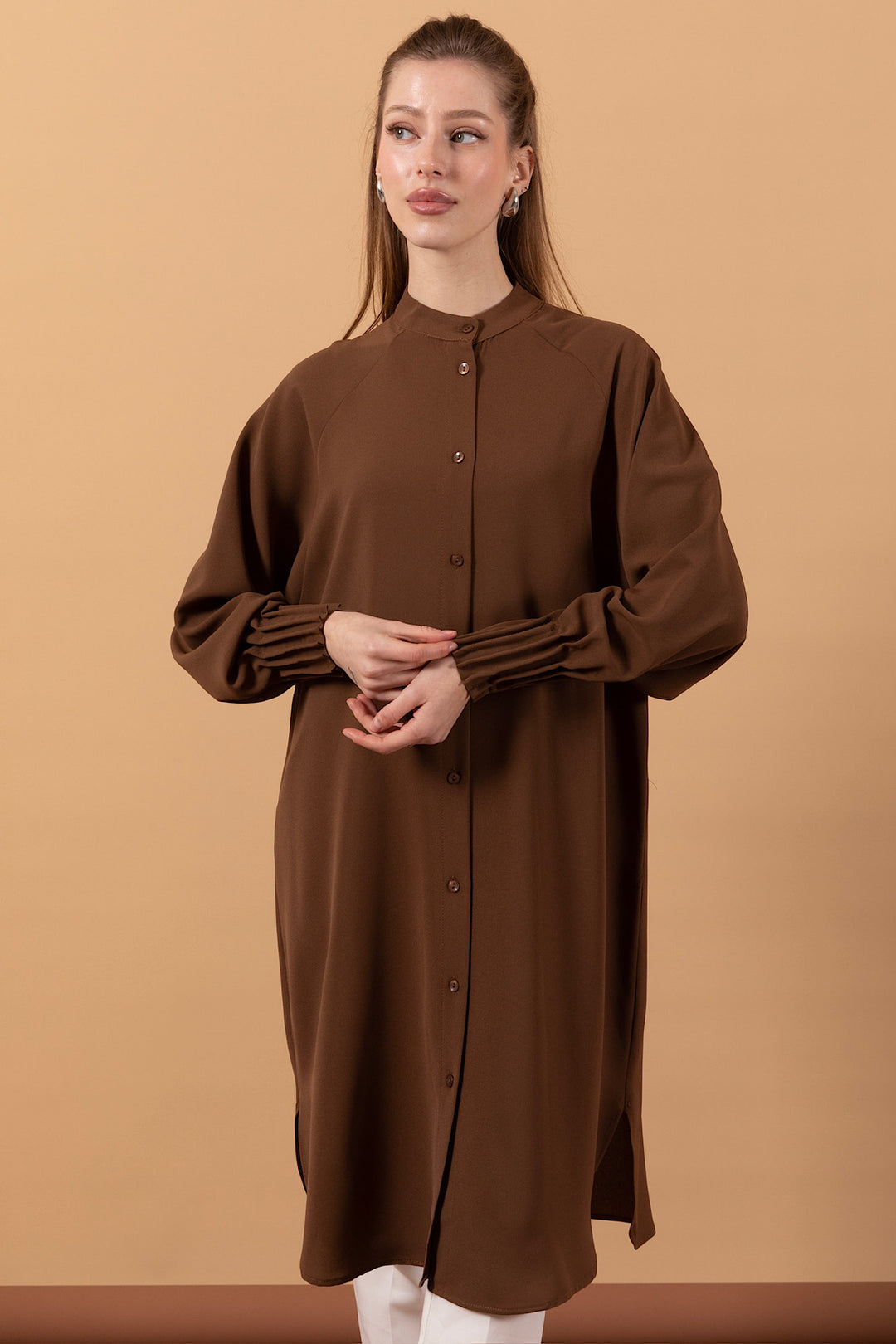 Bilek Detay Uzun Tunik Kahverengi 11760-KAHVERENGI