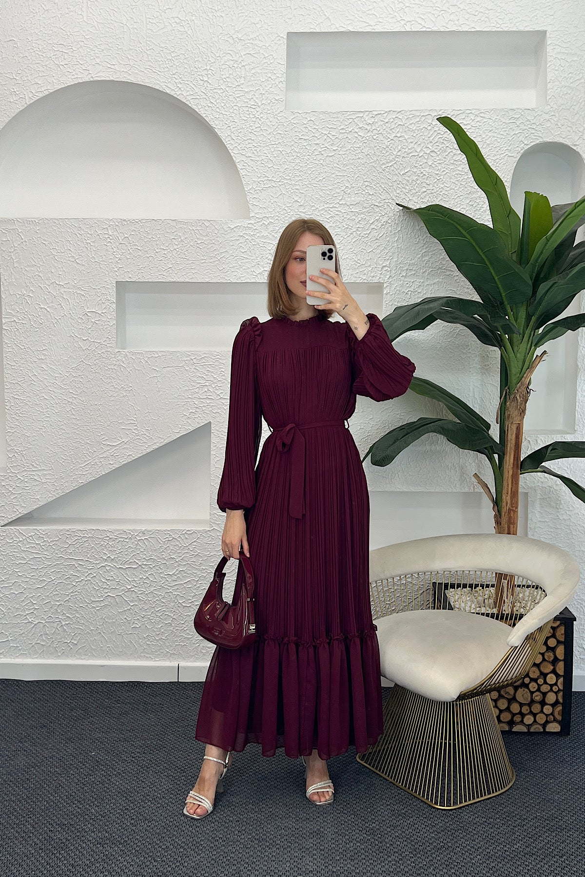 Bella Piliseli Şifon Elbise Bordo 04670-BORDO