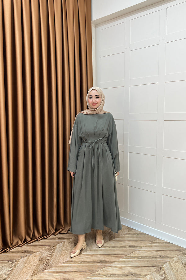 Belden Bağlamalı Cupra Elbise Yeşil 5013-YESIL