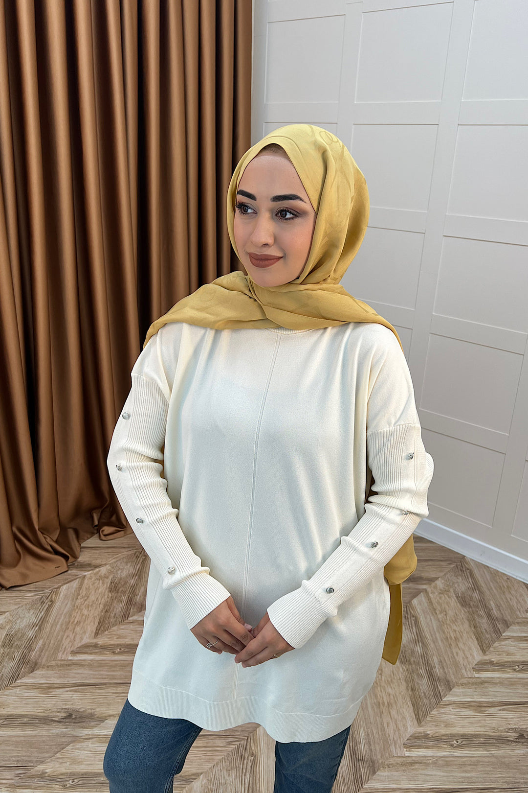 Kol Düğmeli Triko Tunik Ekru 24280-EKRU