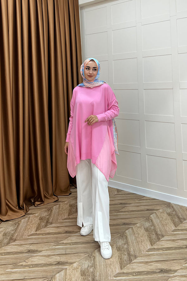Hüda Şifon Detaylı Triko Tunik Pembe 24290-PEMBE