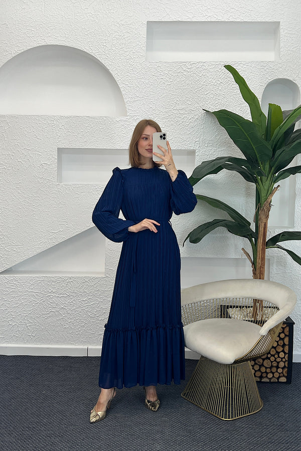 Bella Piliseli Şifon Elbise Lacivert 04670-LACIVERT