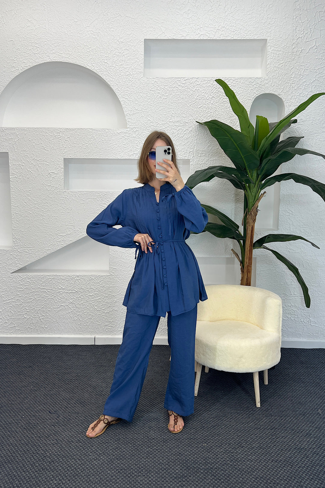 Kolları Bağcık Detay Önden Düğmeli Takım İndigo 1944-INDIGO