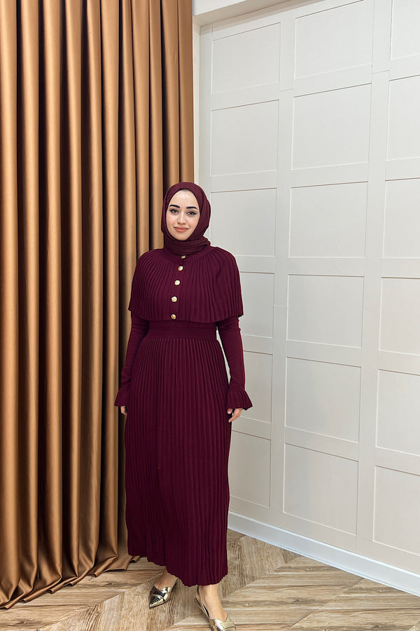 Kelebek Pelerinli Triko Elbise Bordo 10200-BORDO