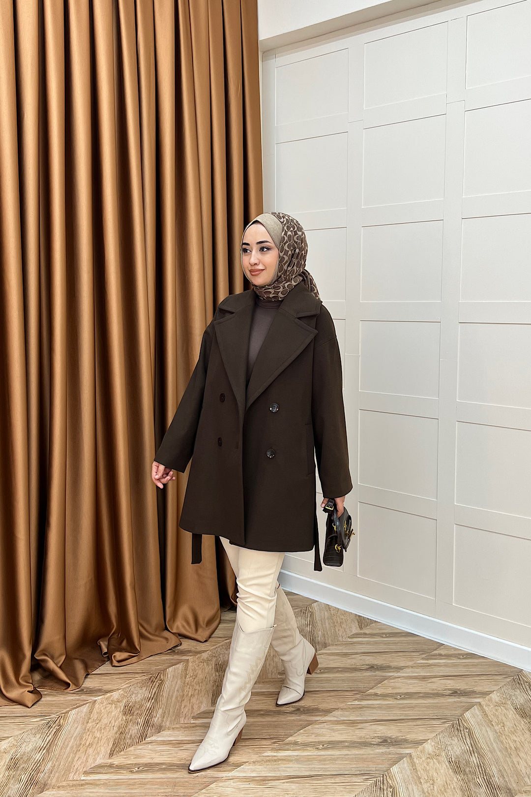 Nuve Premium Kuşaklı Kaban Kahverengi 5514-KAHVERENGI