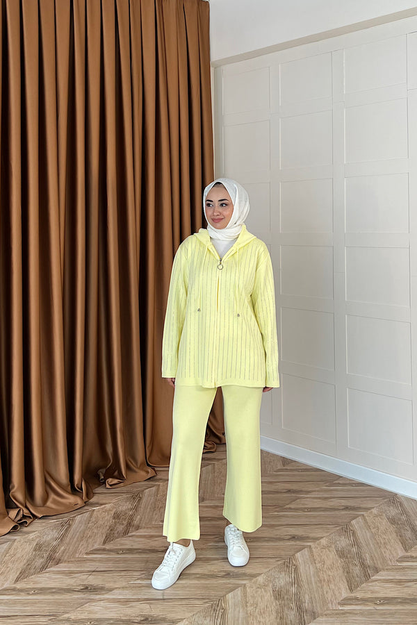 Eros Kapüşonlu Taşlı Triko Takım Sarı 25340-SARI