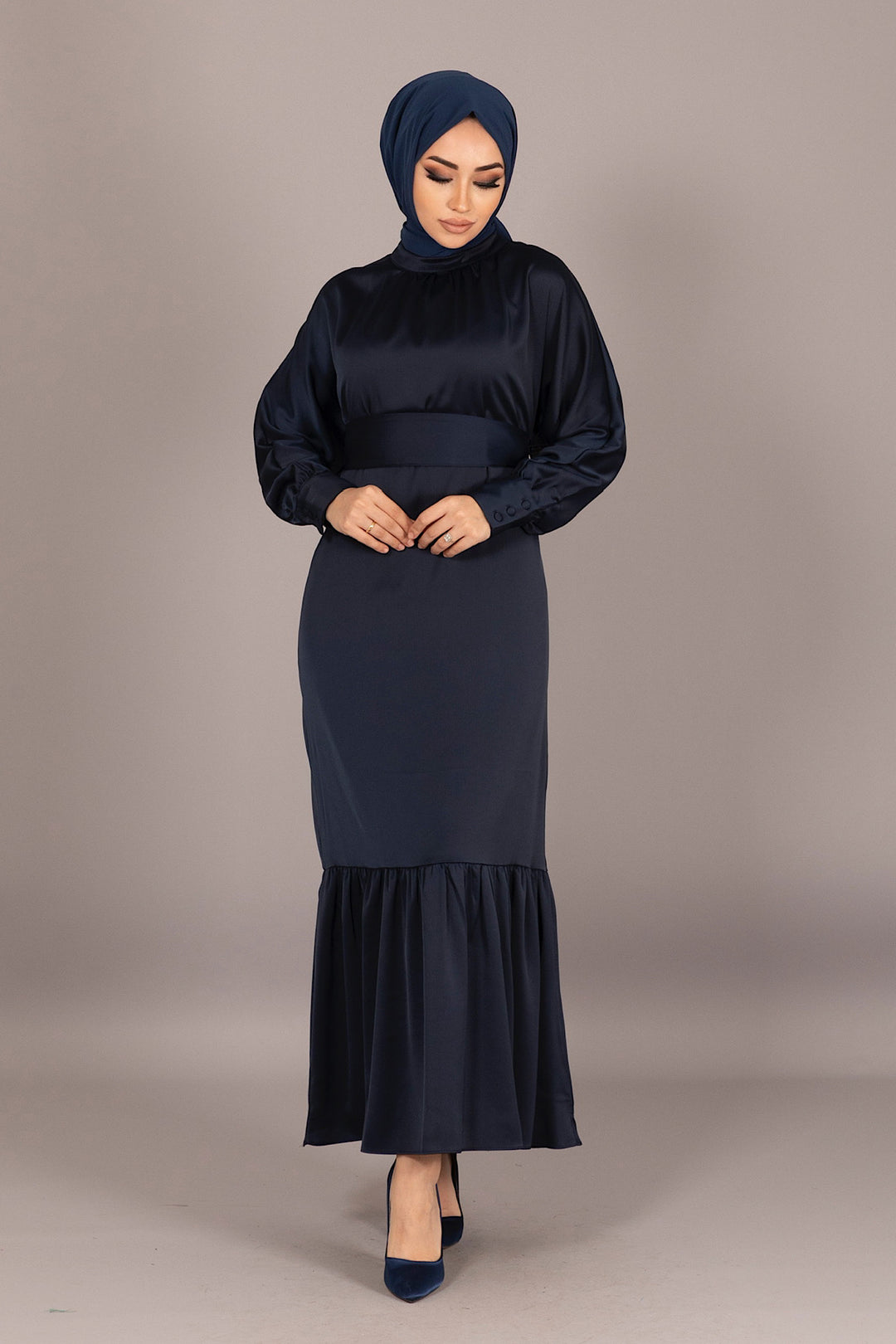 Etek Volan Saten Elbise Lacivert 4786-LACIVERT