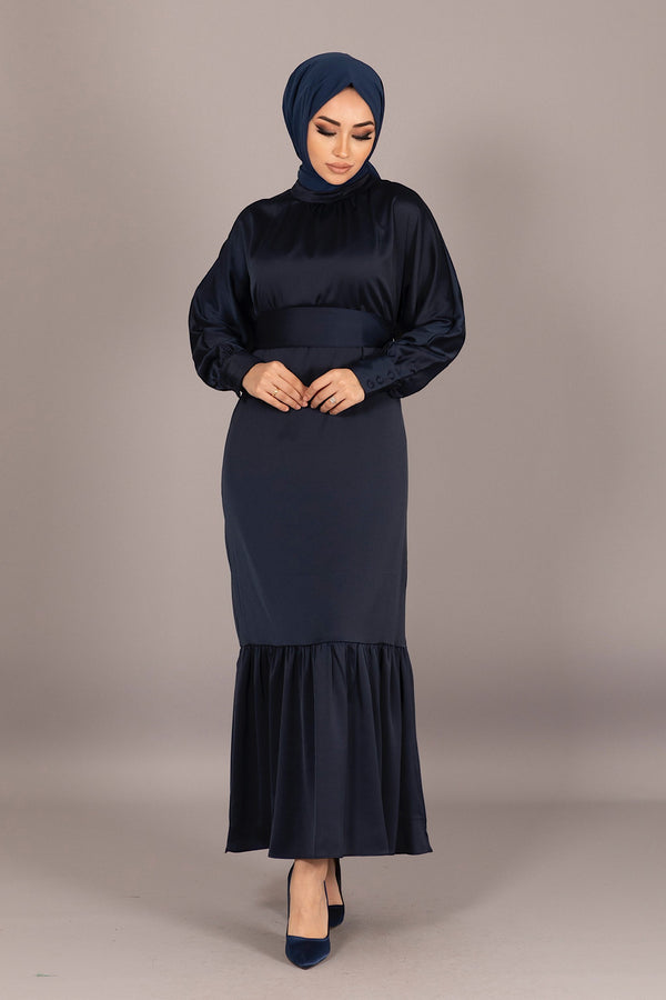 Etek Volan Saten Elbise Lacivert 4786-LACIVERT