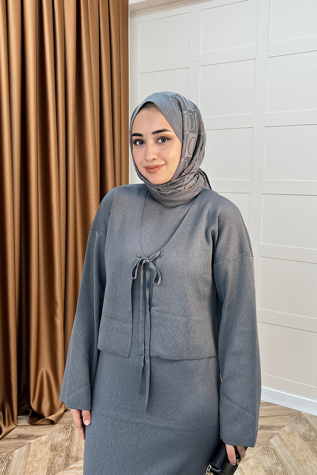 Ester Croplu İkili Triko Elbise Gri 25160-GRİ