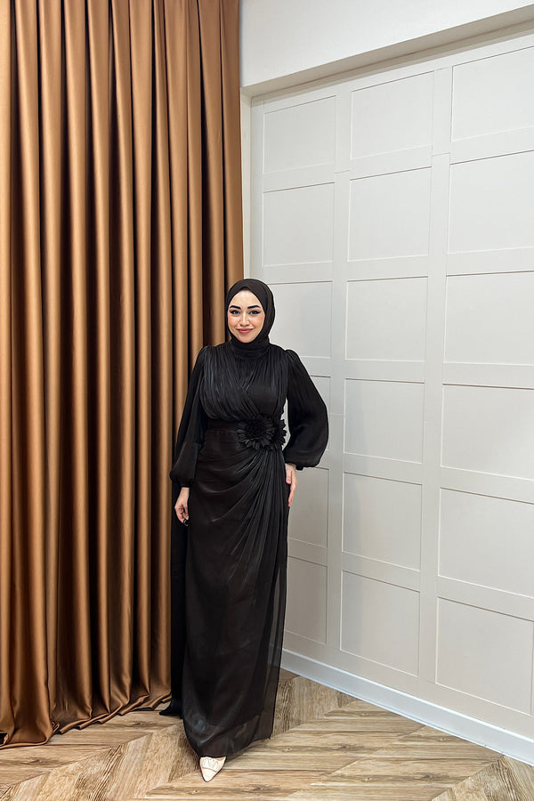 Florida Broş Detay Abiye Kahverengi 03080-KAHVERENGI