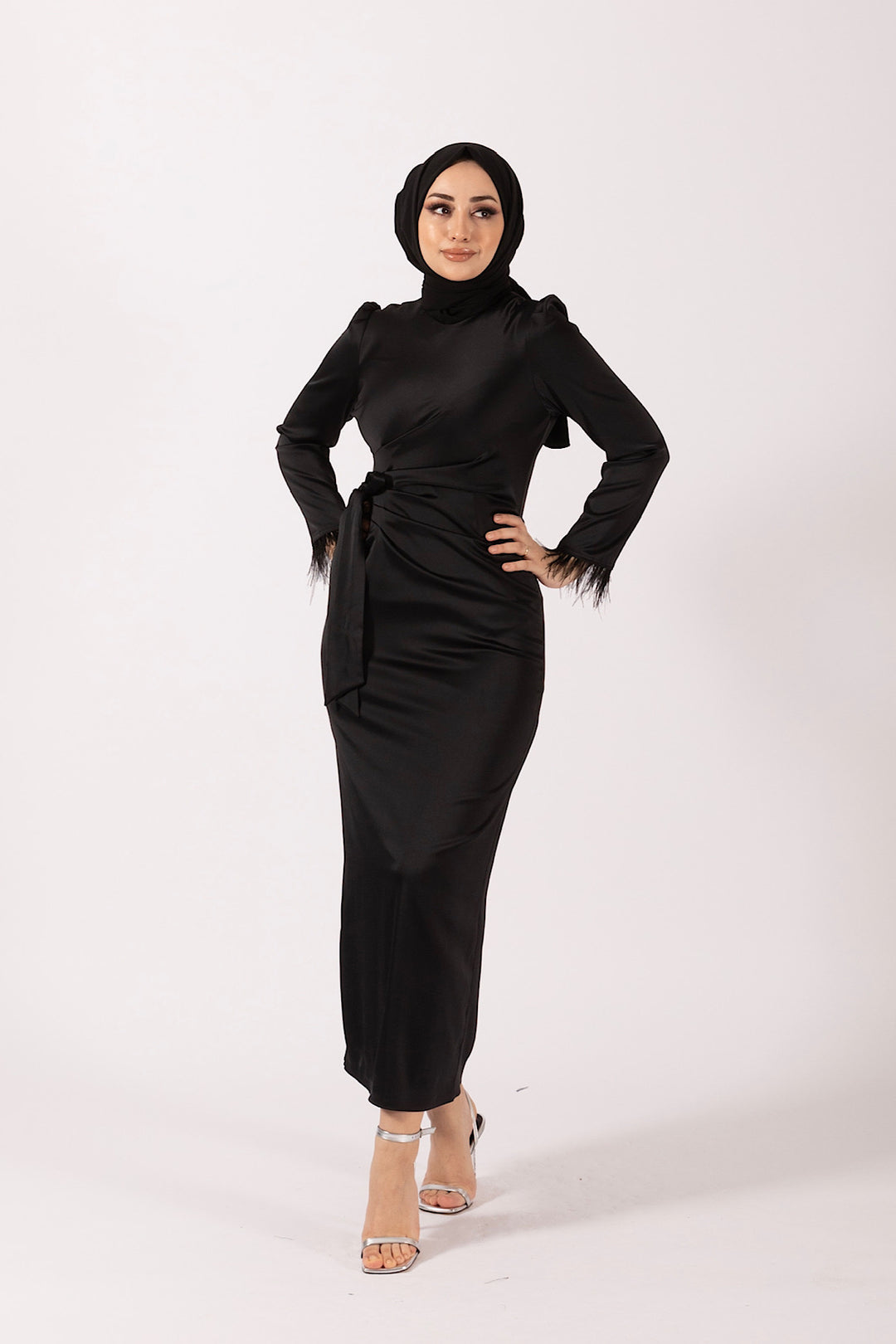 Kol Saçaklı Saten Abiye Siyah 4897-SIYAH