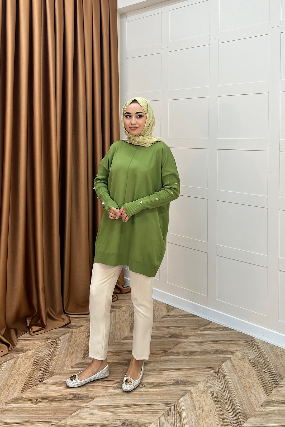 Kol Düğmeli Triko Tunik Yağ Yeşili 24280-YAGYESILI