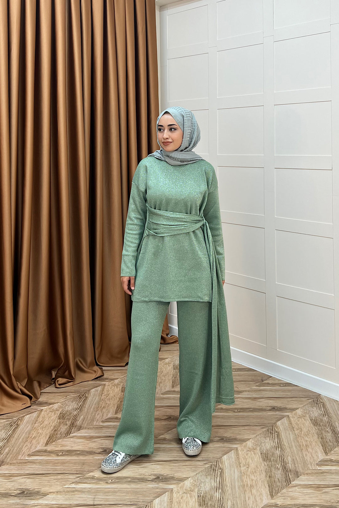 Yakamoz Şal Detay Simli Triko Takım Mint 25280-MINT