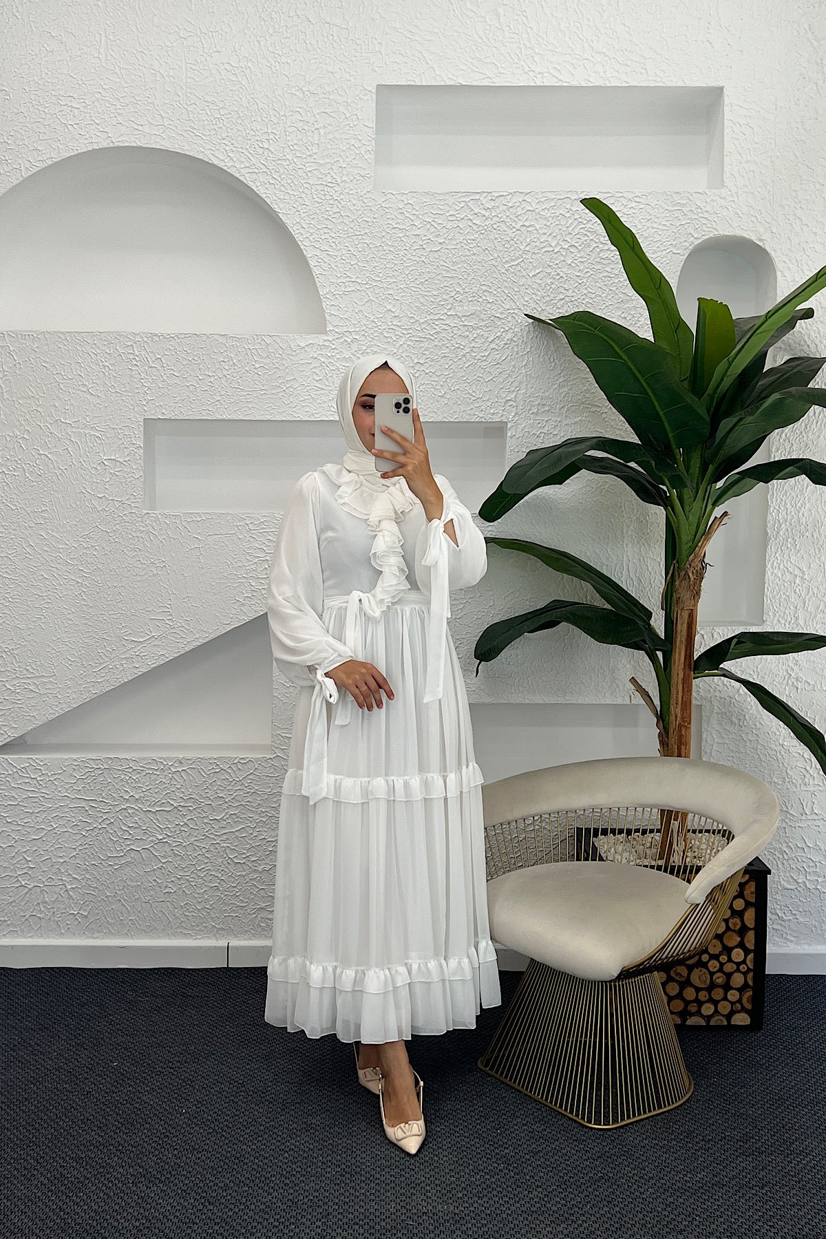 Royal Şifon Elbise Beyaz 3053-BEYAZ