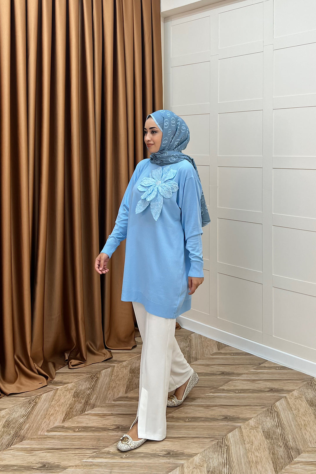 Merserize Çiçekli Triko Tunik Mavi 2550-MAVI