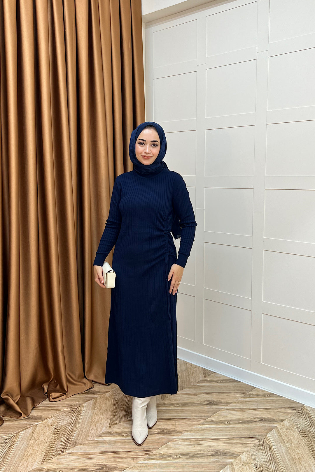 Yandan Büzgülü Triko Elbise Lacivert 24870-LACIVERT