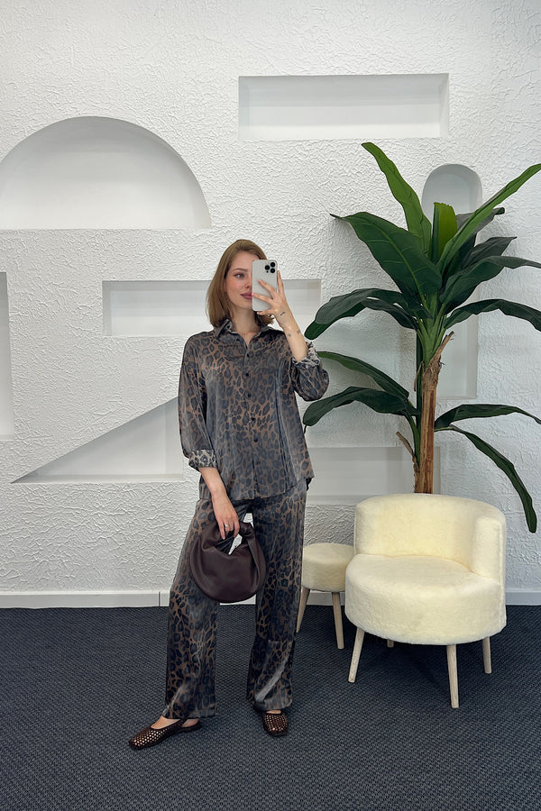 Leopar Desen İkili Takım Kahverengi 8516-KAHVERENGI