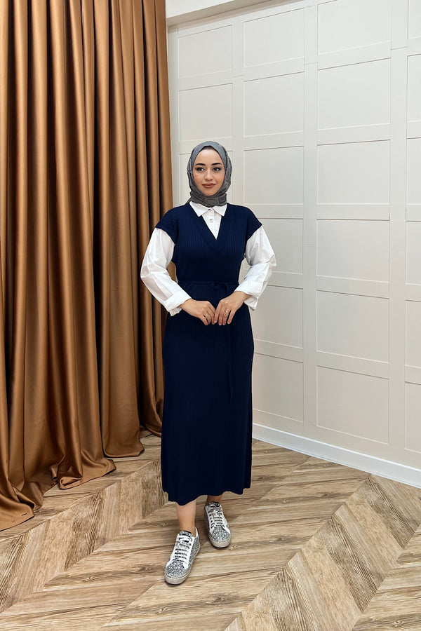 Kol Yaka Gömlekli Triko Elbise Lacivert 25120-LACIVERT