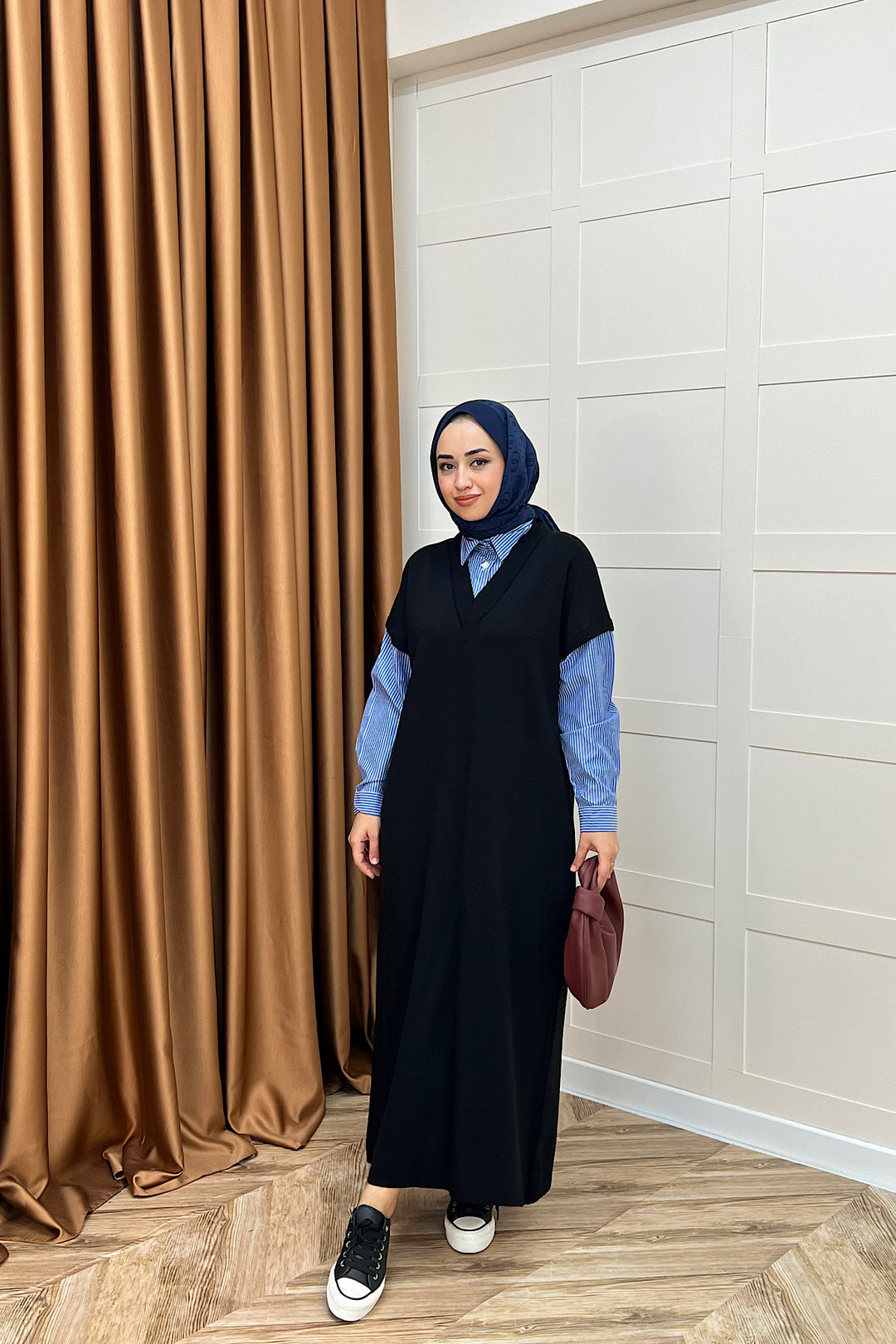 Samira Gömlek Detaylı Triko Elbise Siyah 241110-SIYAH