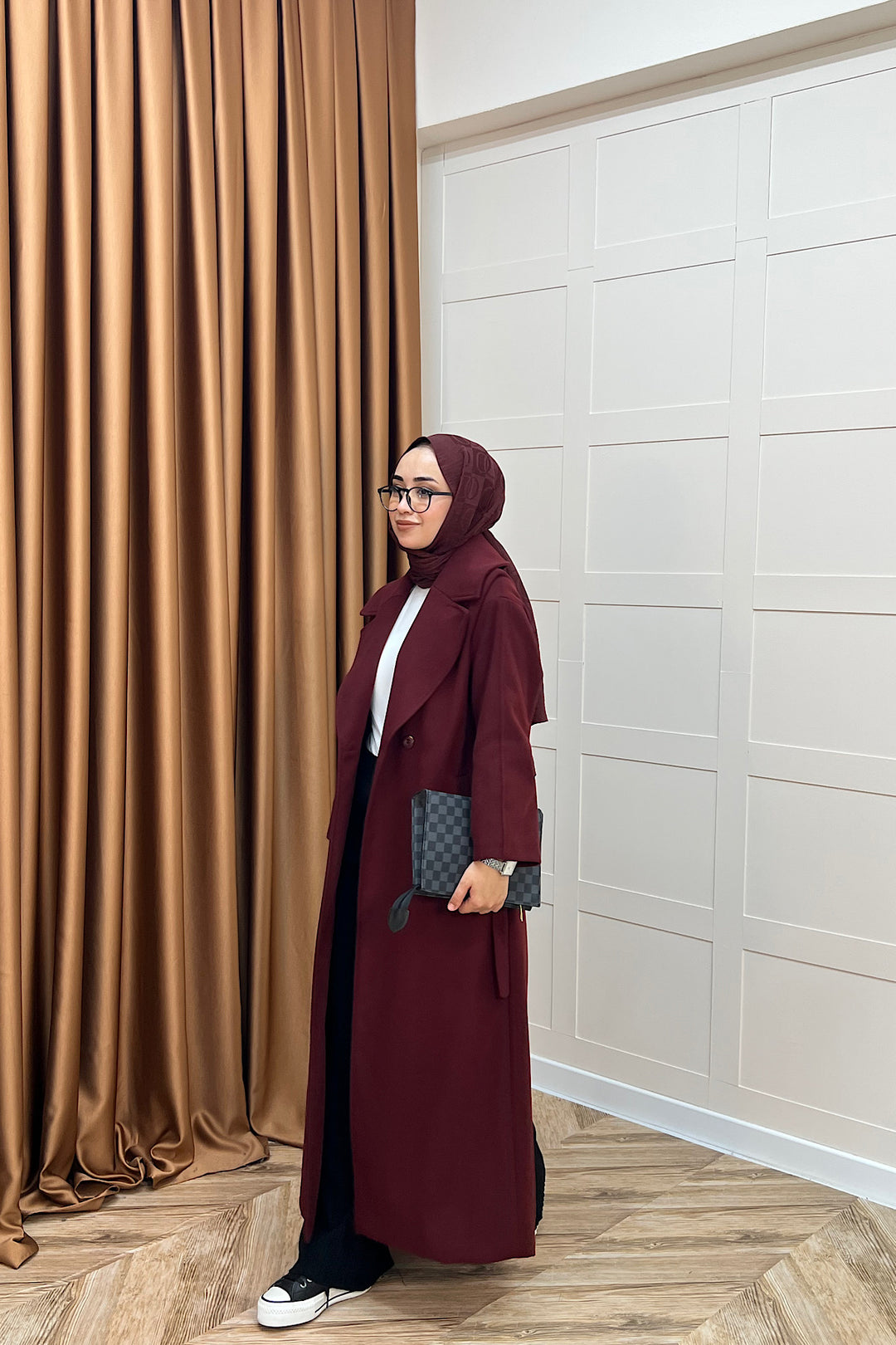 Retro Premium Kumaş Uzun Kaşe Kaban Bordo 5509-BORDO