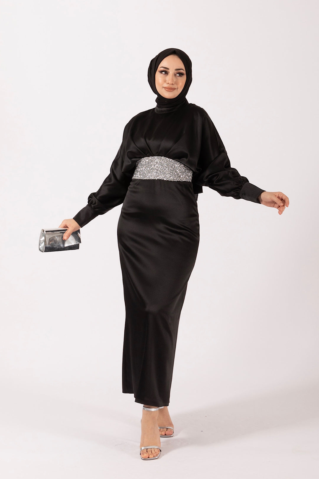 Beli Taş Detay Saten Abiye Siyah 4862-SIYAH