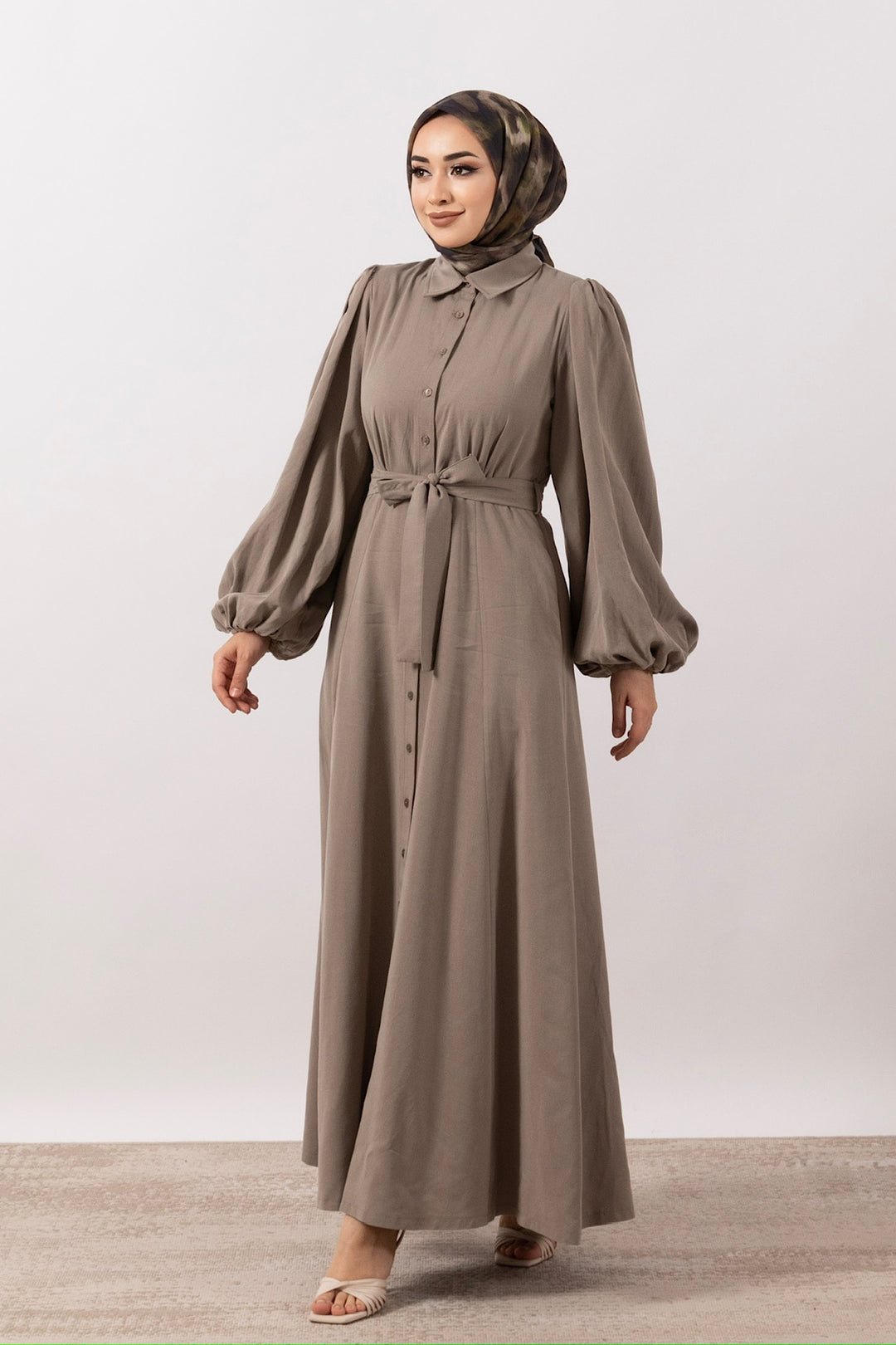 Boydan Düğmeli Keten Elbise Açık Kahverengi 3045-ACIKKAHVERENGI