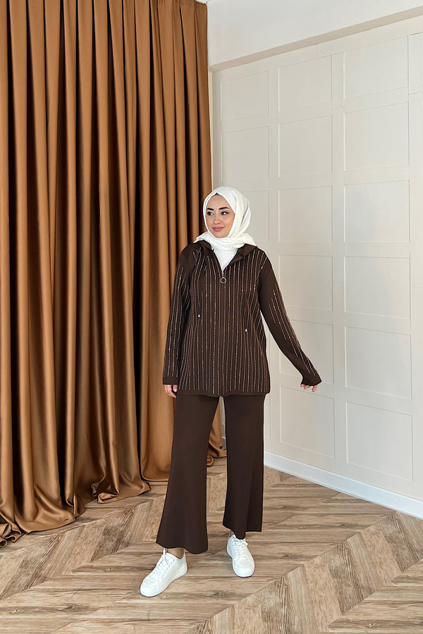 Eros Kapüşonlu Taşlı Triko Takım Kahverengi 25340-KAHVERENGI