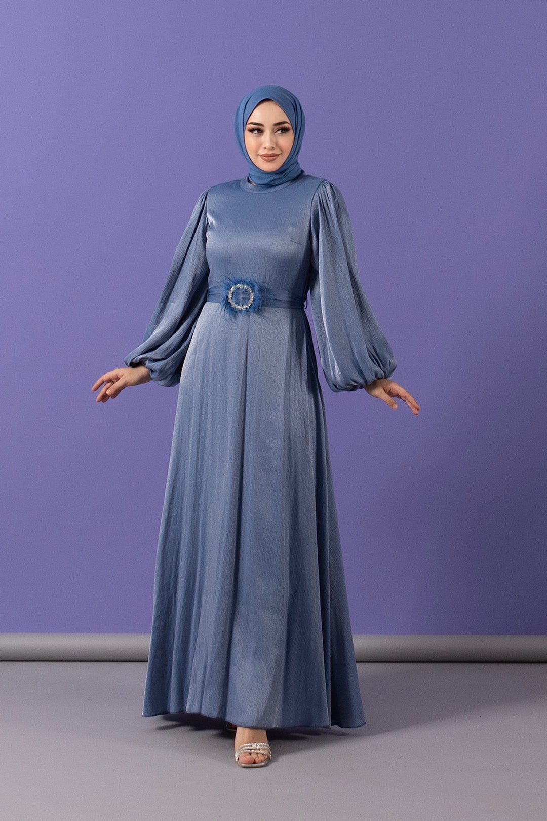 Taş Tüy Detay Janjan Elbise İndigo 3007-INDIGO