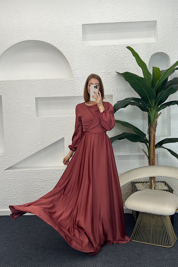 Önü Çarpraz Saten Abiye Taba 4529-TABA