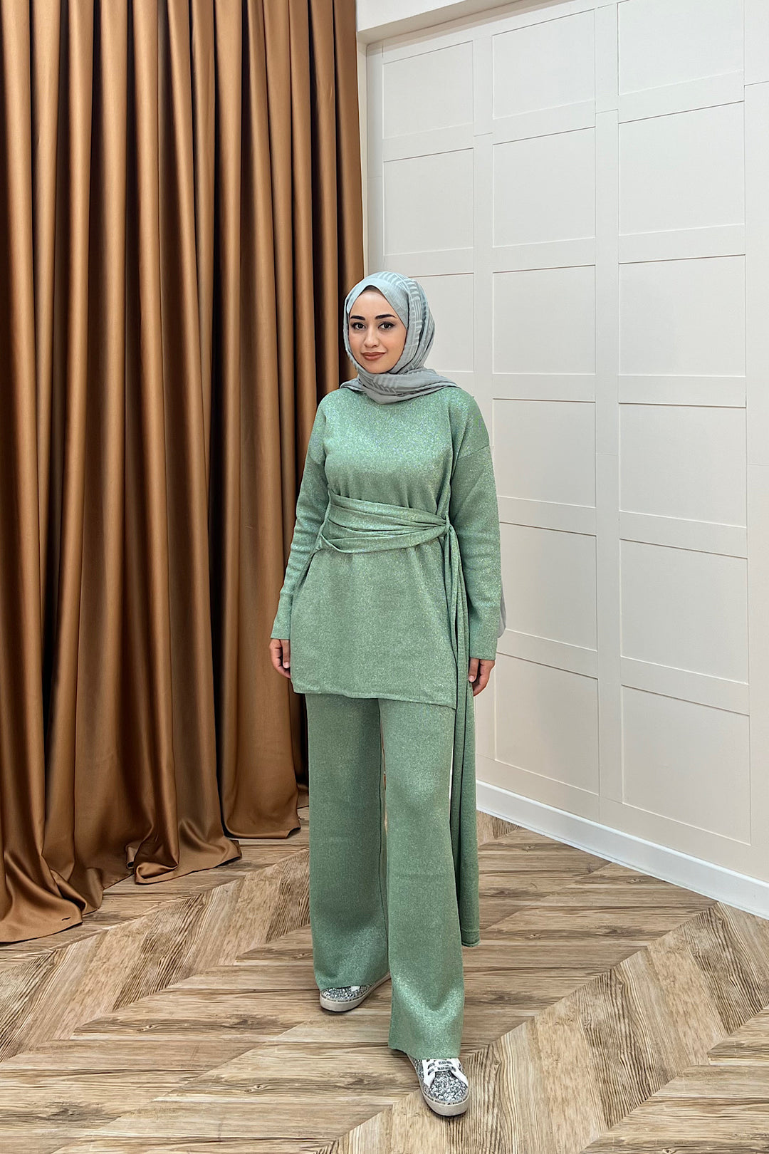 Yakamoz Şal Detay Simli Triko Takım Mint 25280-MINT