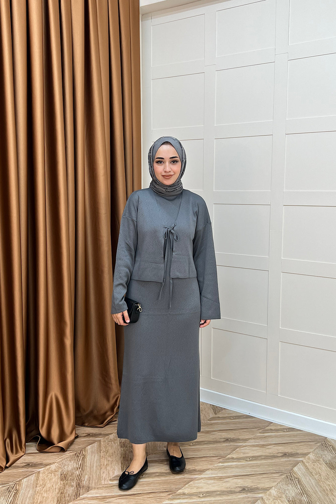 Ester Croplu İkili Triko Elbise Gri 25160-GRİ