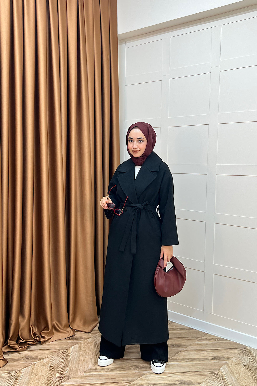 Retro Premium Kumaş Uzun Kaşe Kaban Siyah 5509-SIYAH