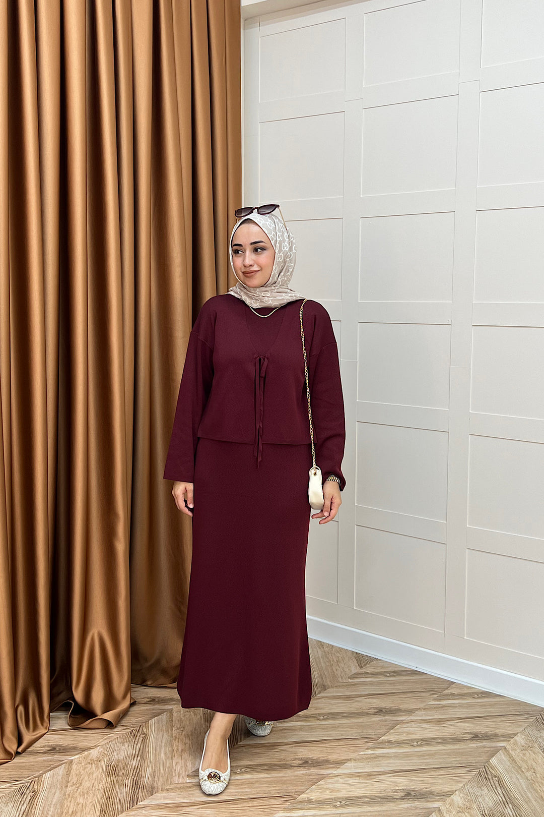 Ester Croplu İkili Triko Elbise Bordo 25160-BORDO