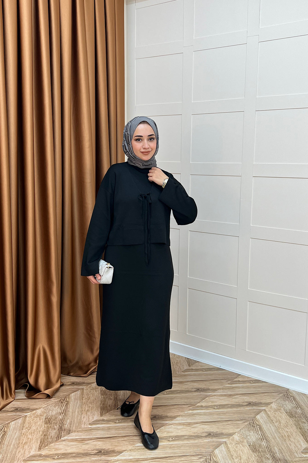 Ester Croplu İkili Triko Elbise Siyah 25160-SIYAH