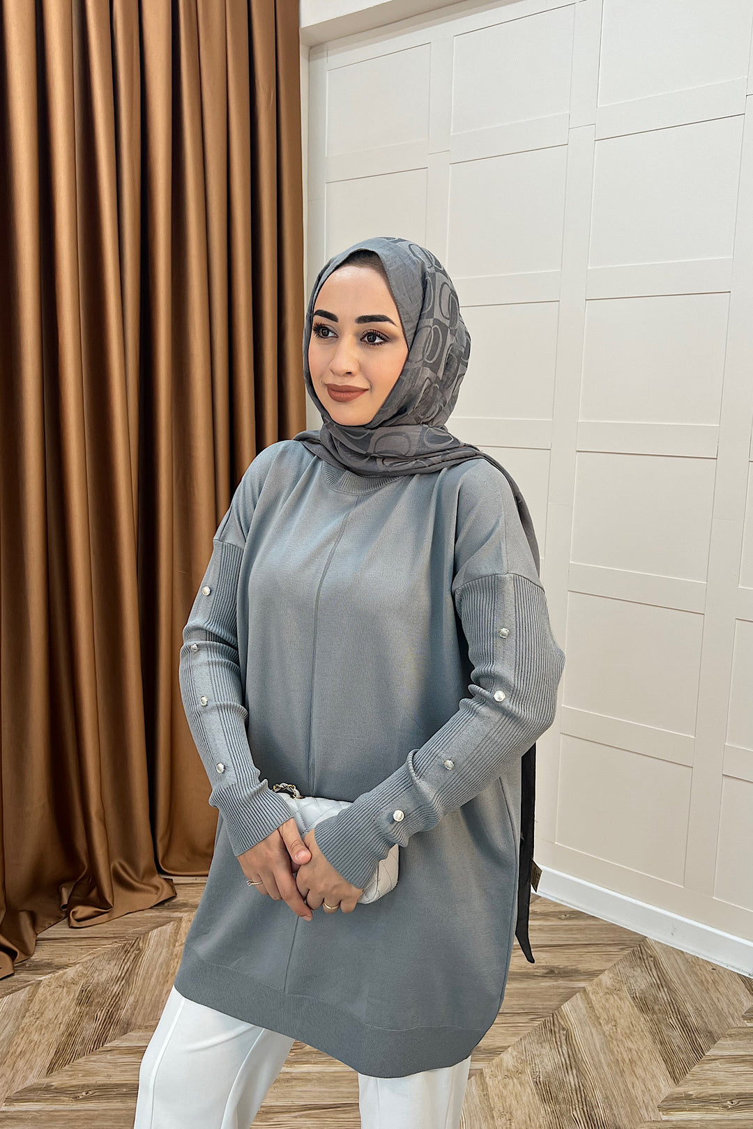 Kol Düğmeli Triko Tunik Gri 24280-GRI