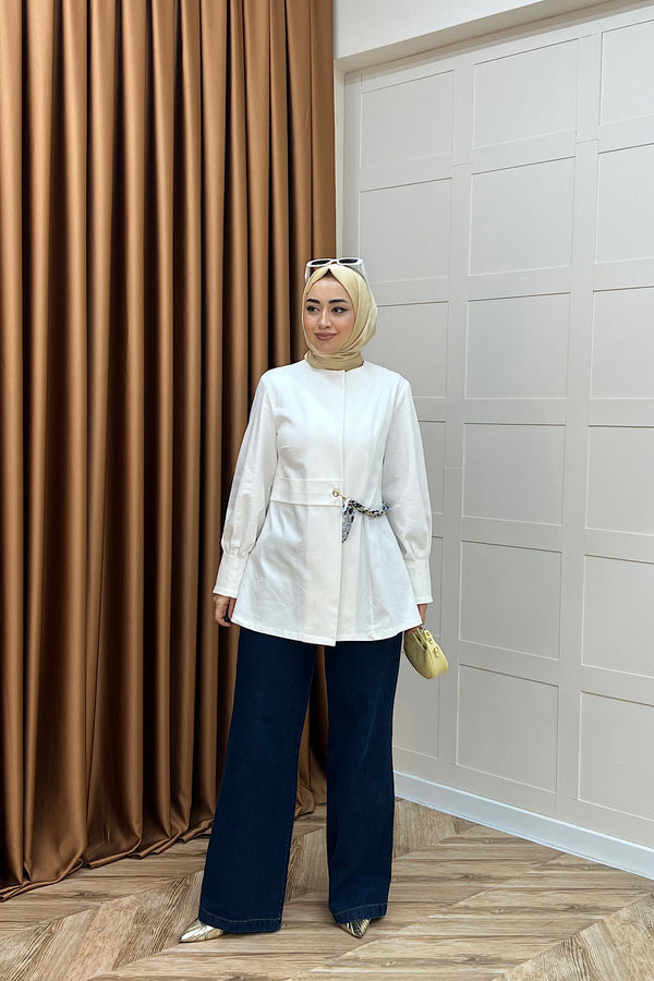 Wanda Fular Kemer Detay Gabardin Kap Beyaz 26029-BEYAZ