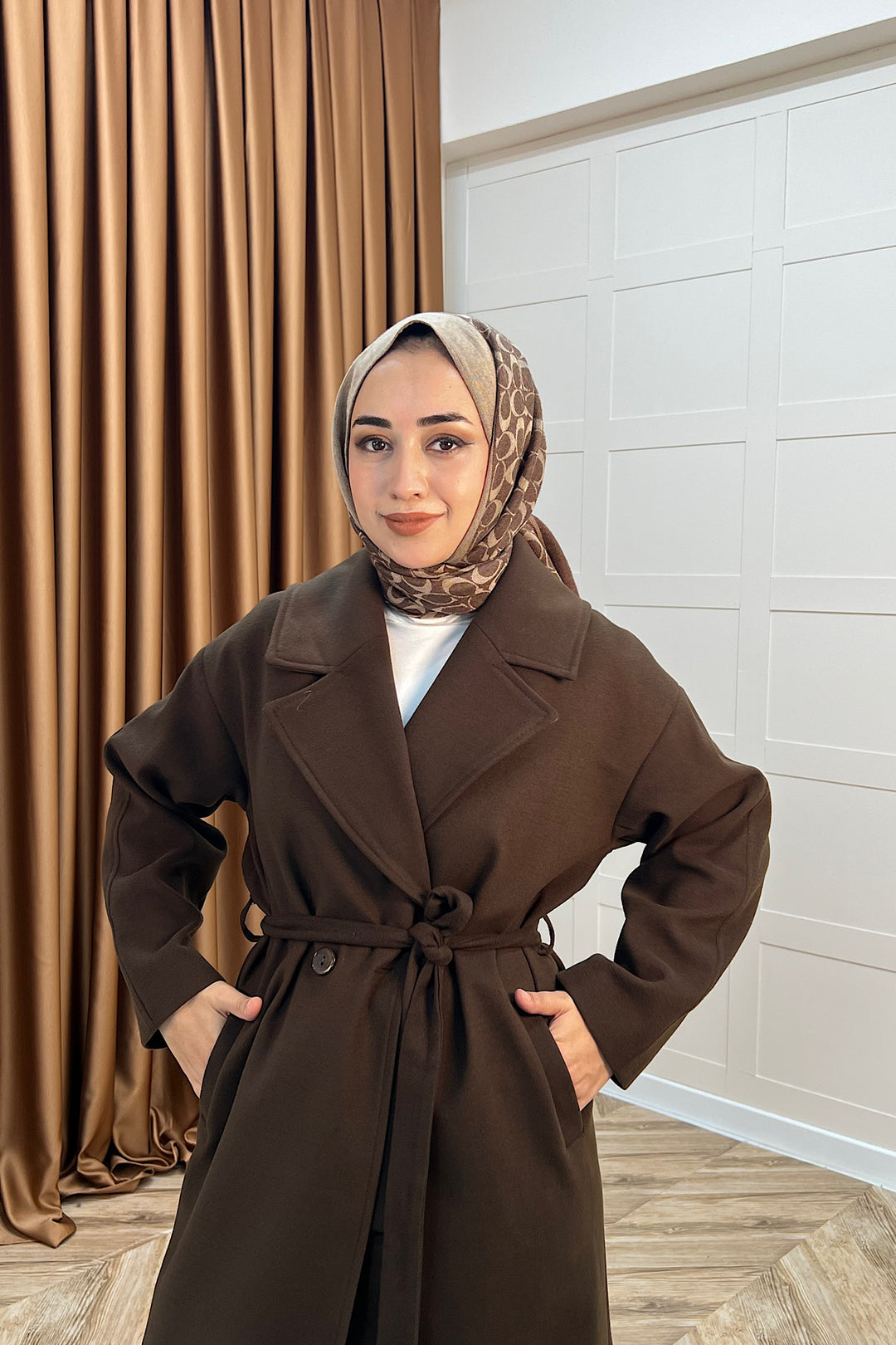 Retro Premium Kumaş Uzun Kaşe Kaban Kahverengi 5509-KAHVERENGI