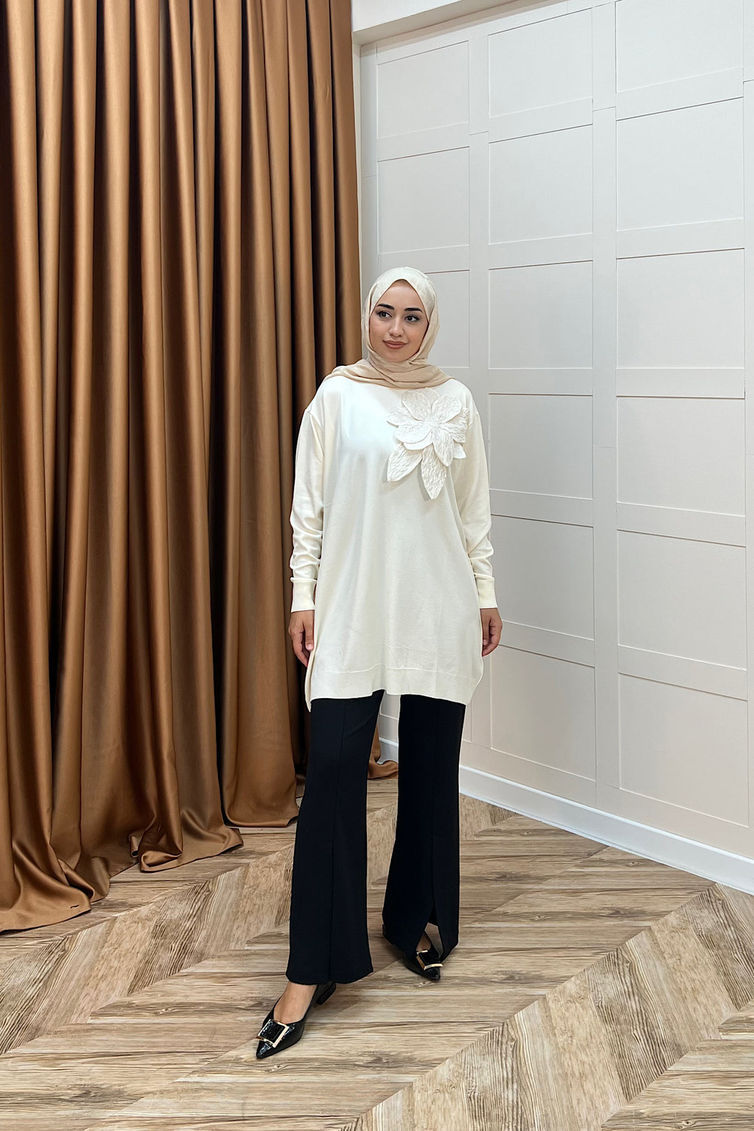 Merserize Çiçekli Triko Tunik Krem 2550-KREM