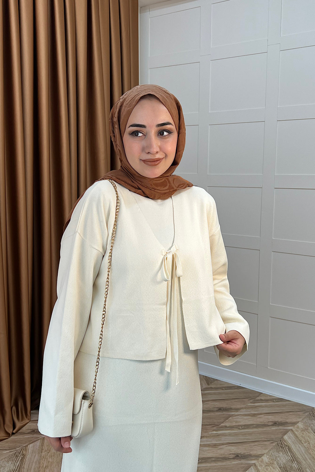 Ester Croplu İkili Triko Elbise Krem 25160-KREM