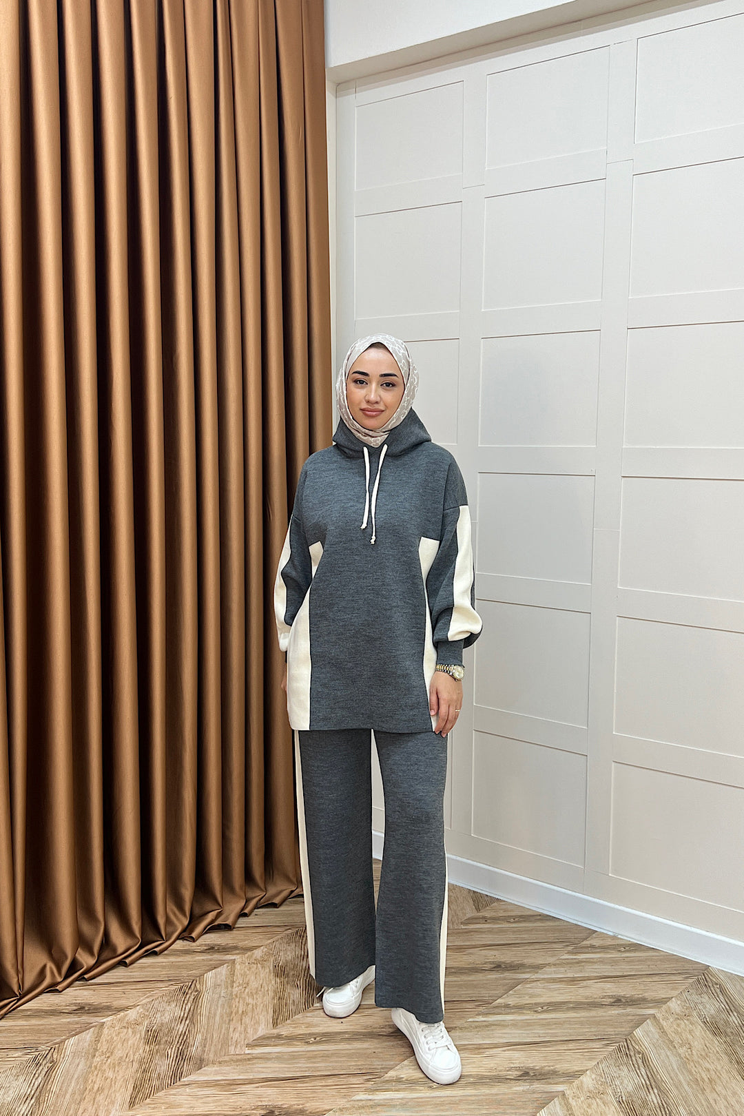 Lapis Çizgili Kapüşonlu Triko Takım Antrasit 241210-ANTRASIT