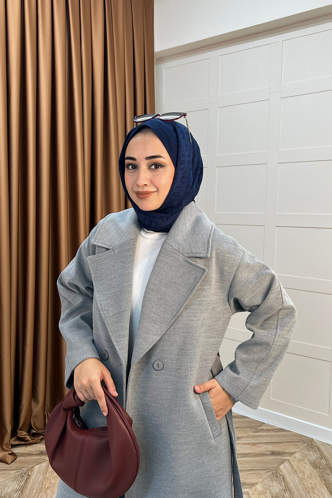 Retro Premium Kumaş Uzun Kaşe Kaban Gri 5509-GRI