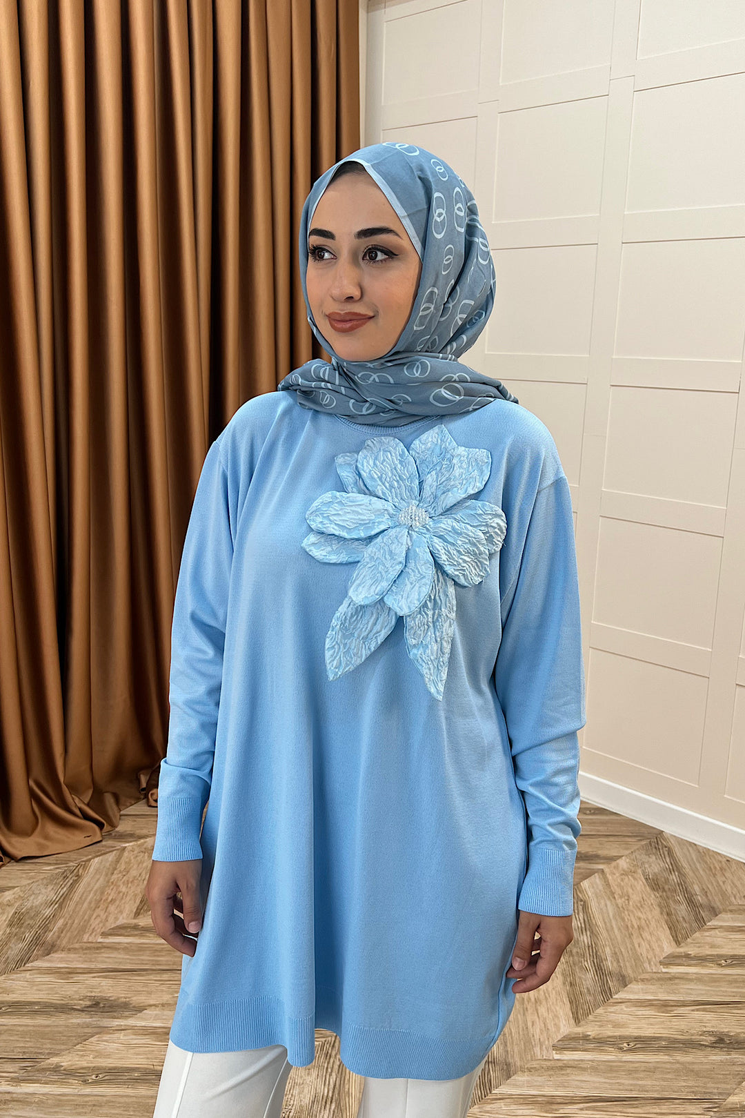 Merserize Çiçekli Triko Tunik Mavi 2550-MAVI