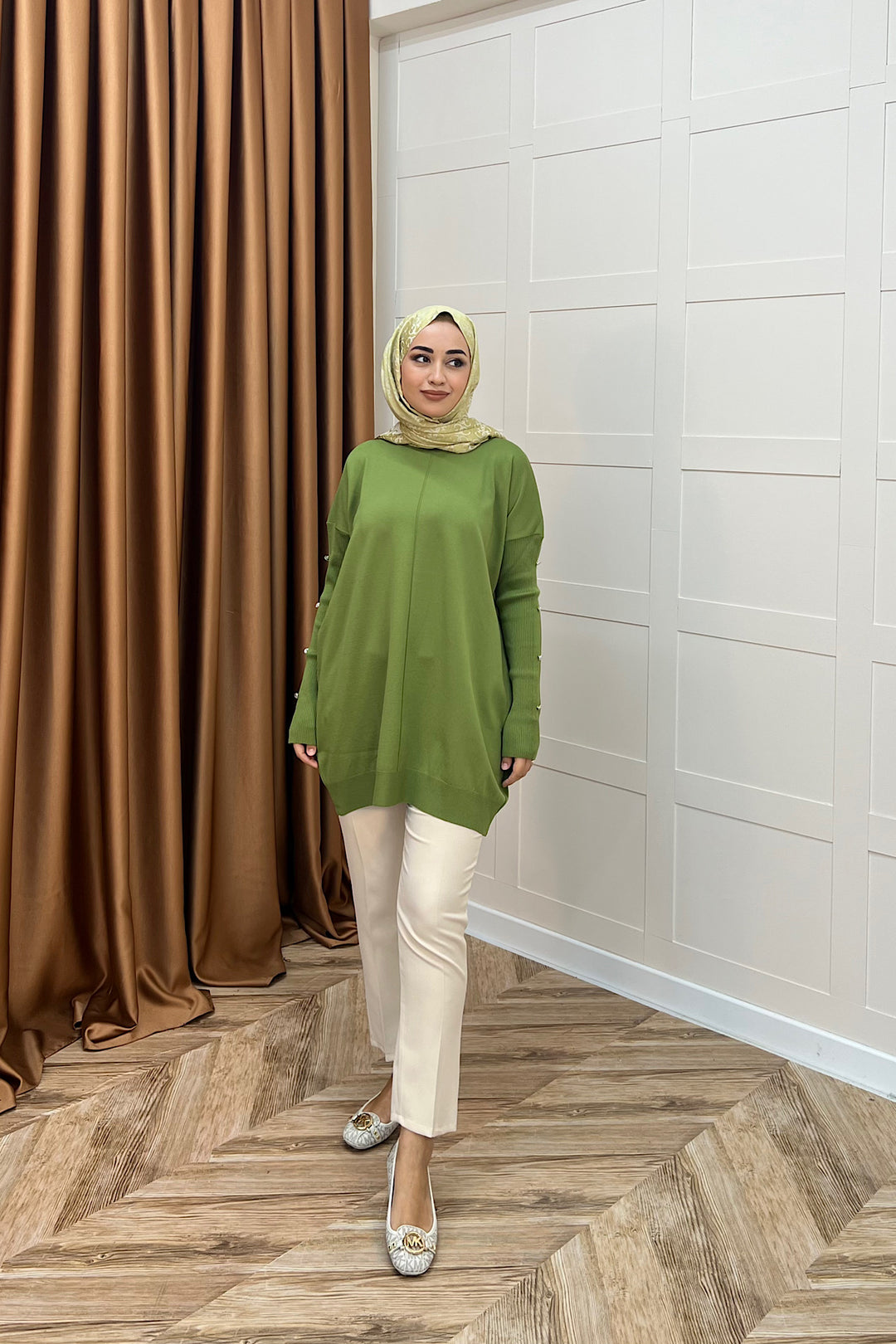 Kol Düğmeli Triko Tunik Yağ Yeşili 24280-YAGYESILI