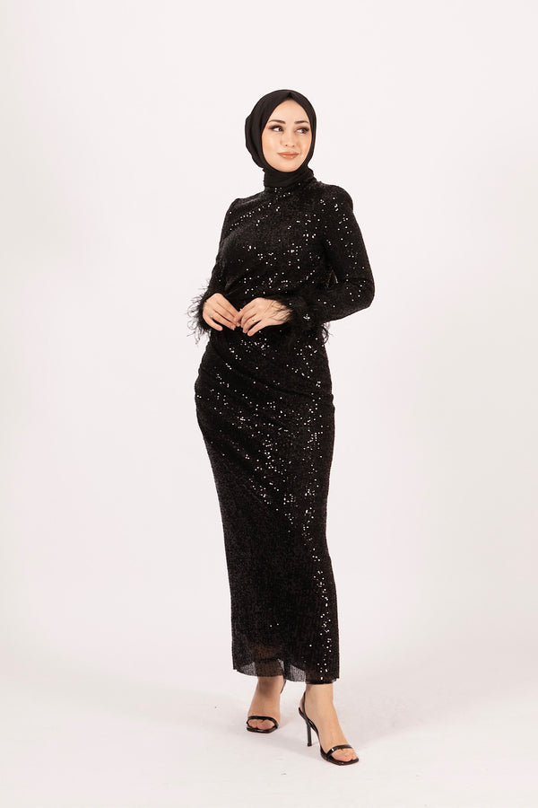 Kol Saçak Detay Payet Abiye Siyah 4907-SIYAH