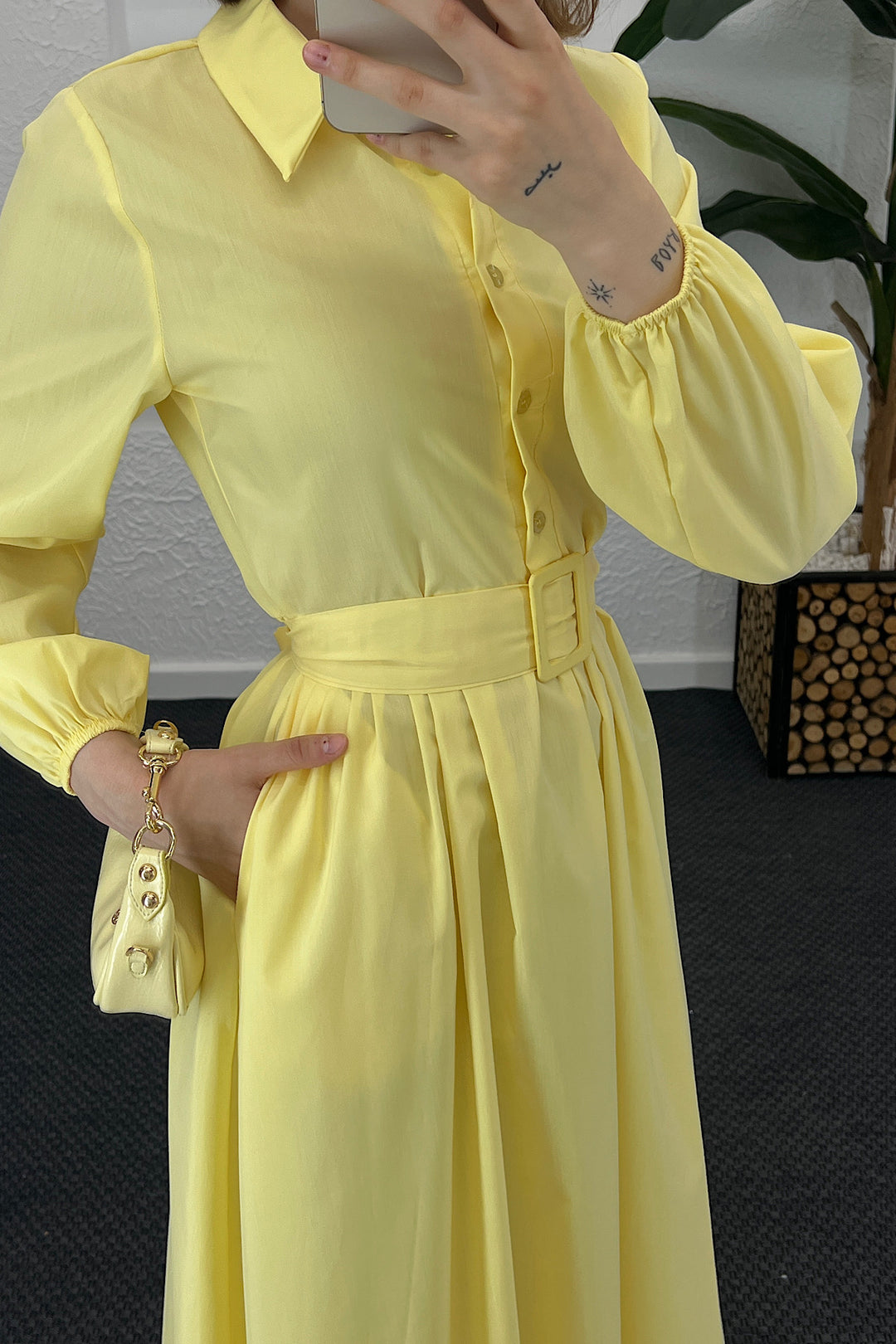 Anna Tericoton Elbise Sarı 9606-SARI