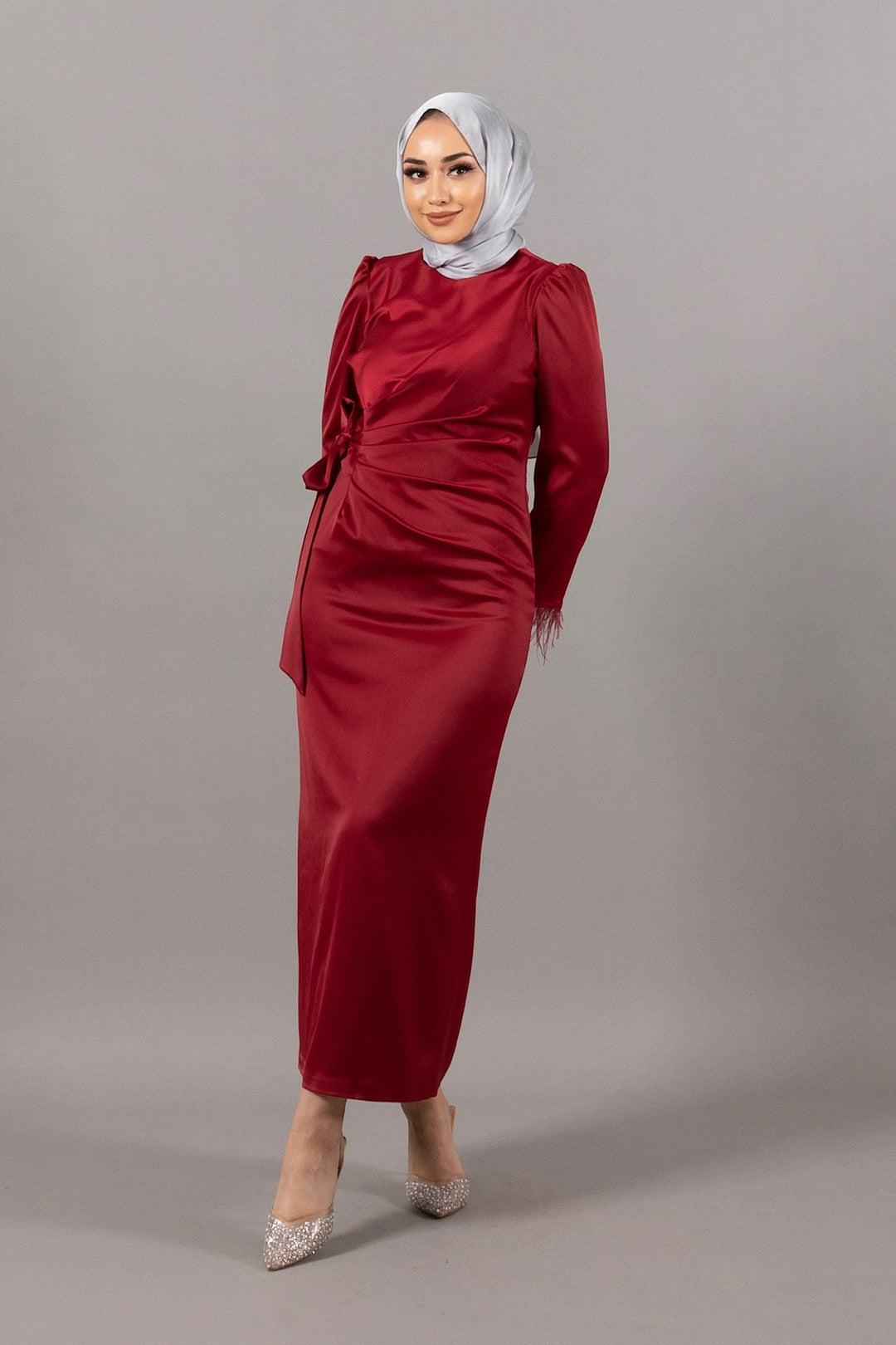 Kol Saçaklı Saten Abiye Bordo 4897-BORDO