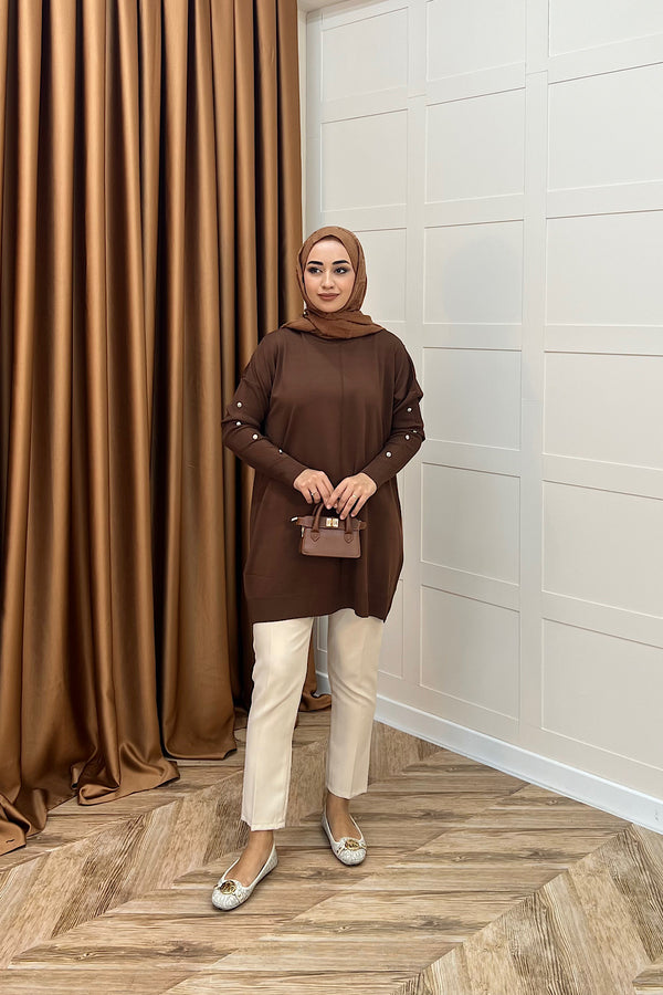 Kol Düğmeli Triko Tunik Kahverengi 24280-KAHVERENGI