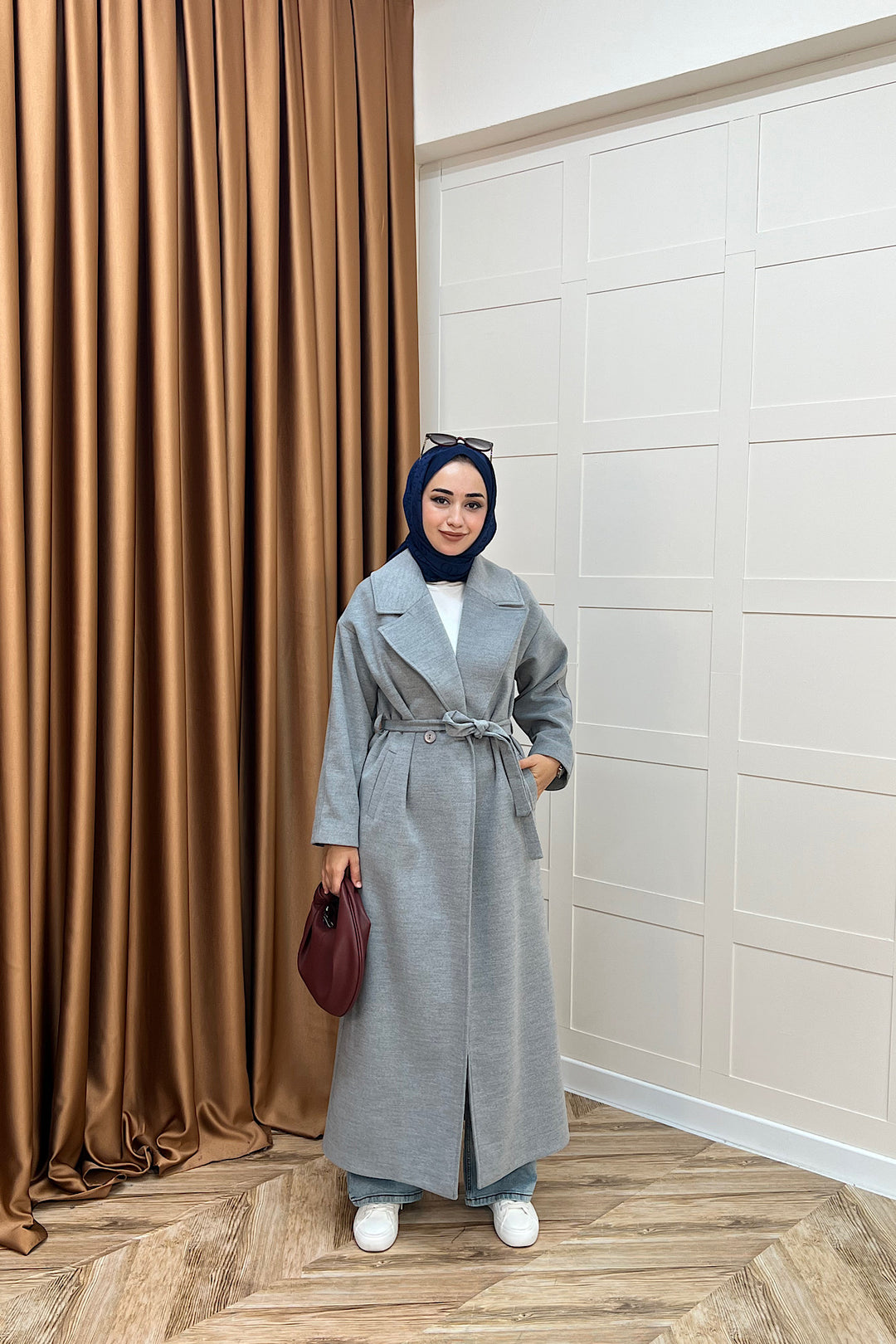 Retro Premium Kumaş Uzun Kaşe Kaban Gri 5509-GRI