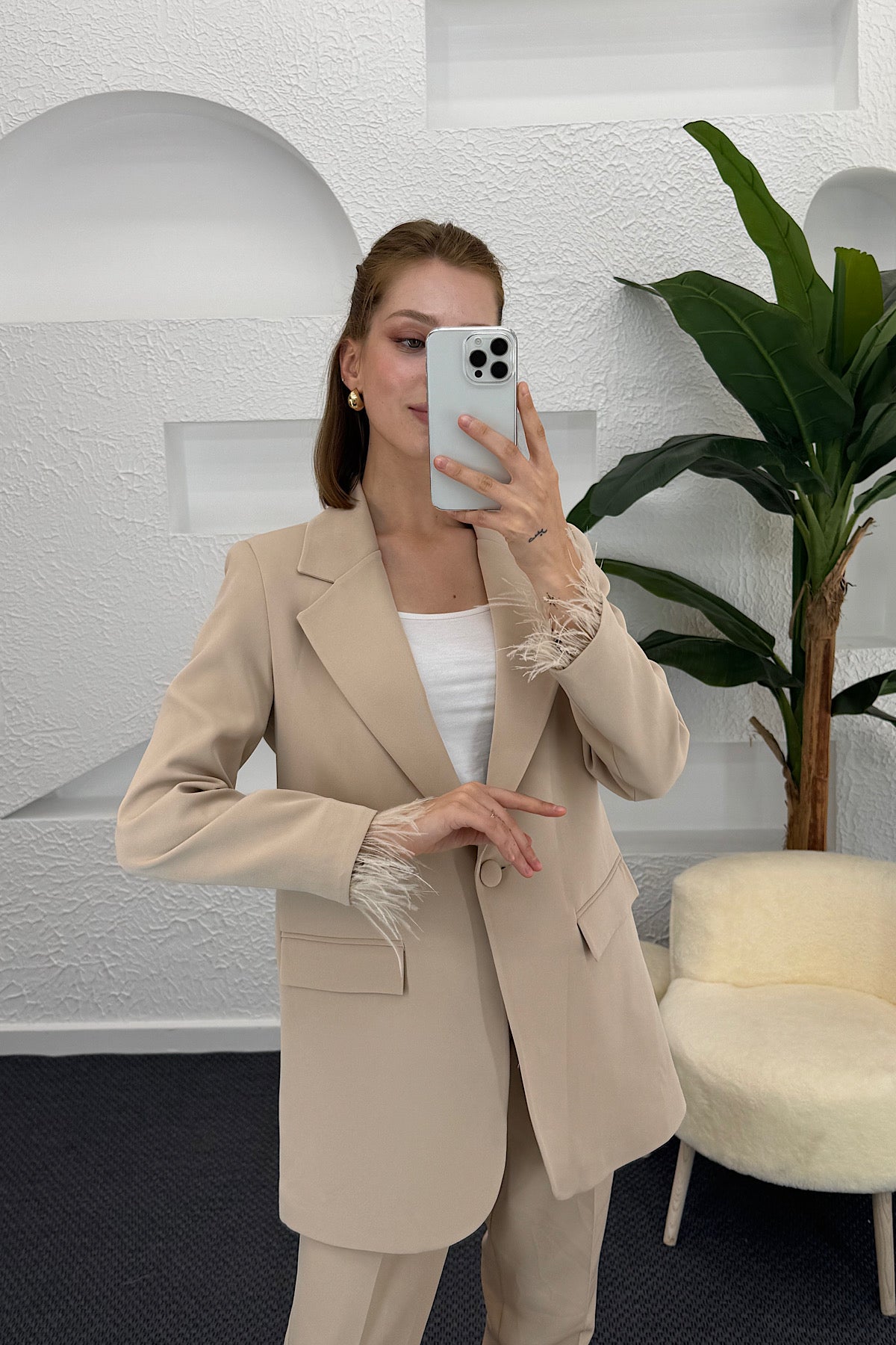 Bilek Tüy Detay Blazer Ceketli Takım Taş 6161-TAS