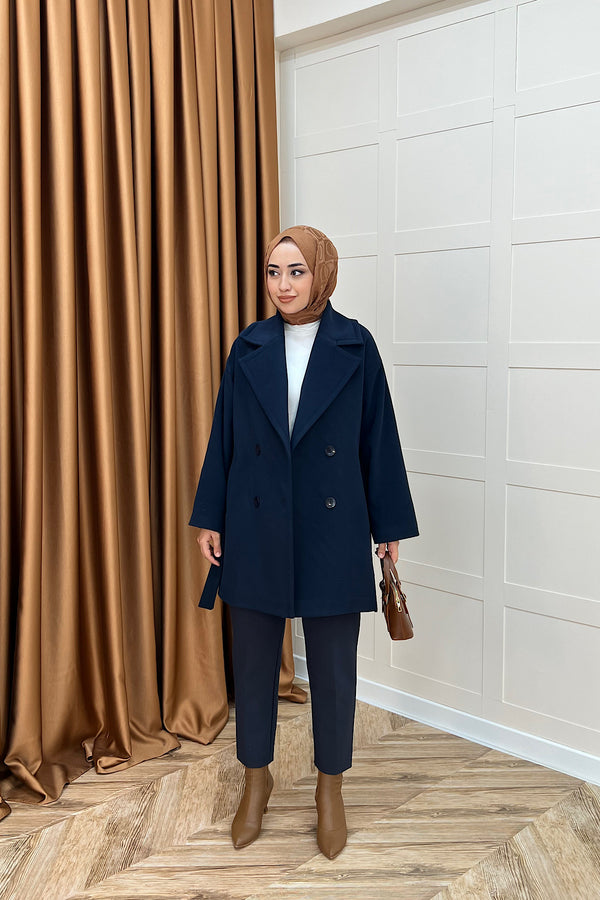 Nuve Premium Kuşaklı Kaban Lacivert 5514-LACIVERT